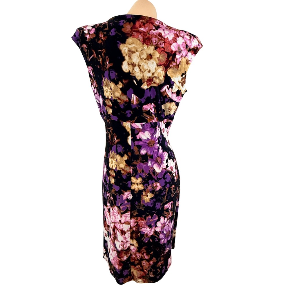 Lauren Ralph Lauren Floral Ruched Faux Wrap V-Neck Sheath Dress Purple Size 12 - Picture 2 of 7